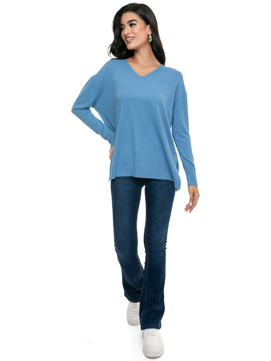 RichgirlBoudoir Women's Long Sleeve Sweater with V Neckline Light Blue