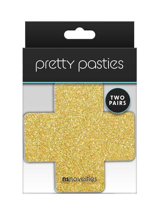 Ns Novelties Pretty Pasties Cross Nipple Covers Glitter Glow Black & Gold