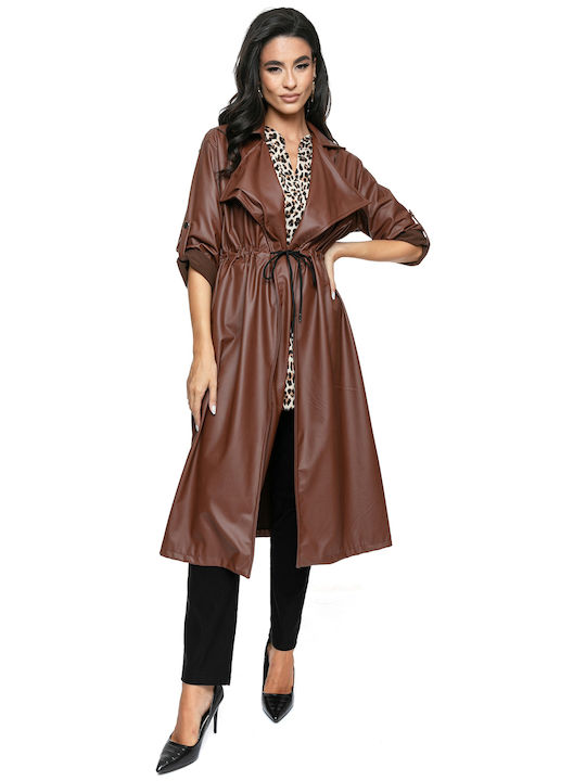 RichgirlBoudoir Women's Leather Long Coat Brown