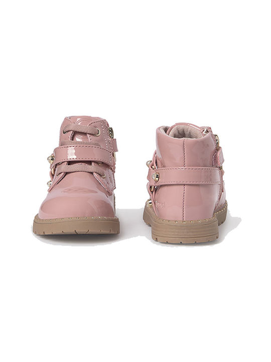 Mayoral Kids Patent Leather Military Boots with Zipper Pink