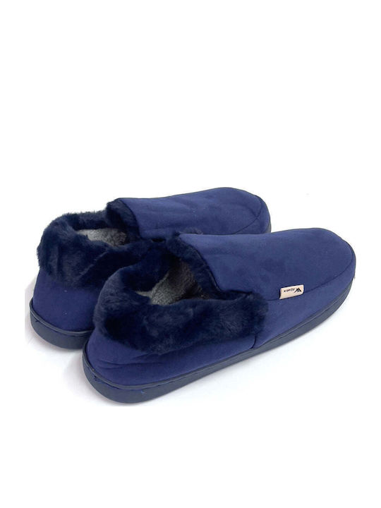 Heel Enclosed Men's Slippers with Fur Blue