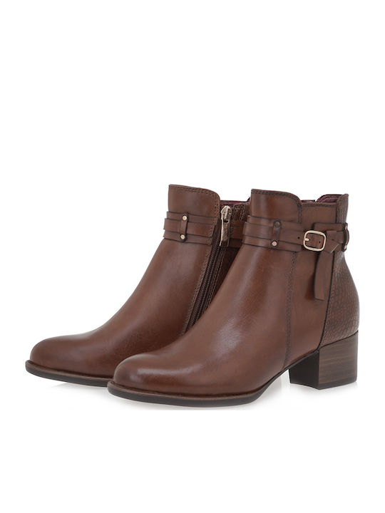 Leather Women's Ankle Boots with Medium Heel Tabac Brown