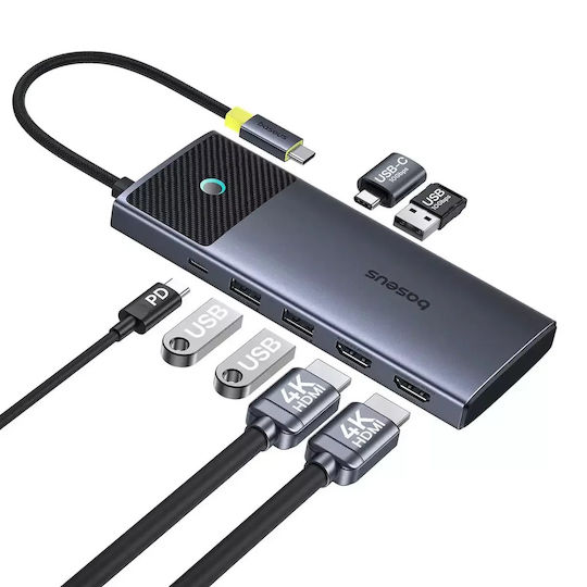 Baseus Metal Gleam Series II 7in1 USB-C Stație de andocare cu HDMI 4K PD Ethernet și conexiune 2 monitoare Argintiu