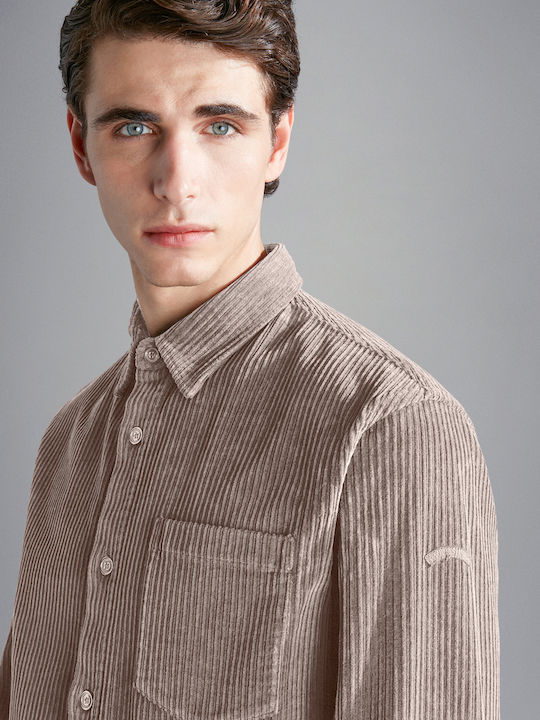 Дълъг Ръкав Рипсено Кадифе Overshirt Стандартна Кройка Бежово