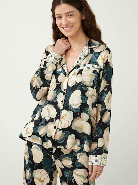 Γυναικεία Πυτζάμα Vamp Σεμιζιέ Μαύρη Φλοράλ Regular Fit Viscose Satin