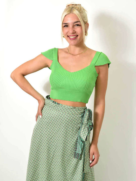 Potre Damen Sportliches Crop Top Kurzarm Green