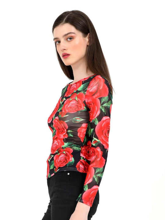 Doca Women's Blouse with Sheer Floral Black