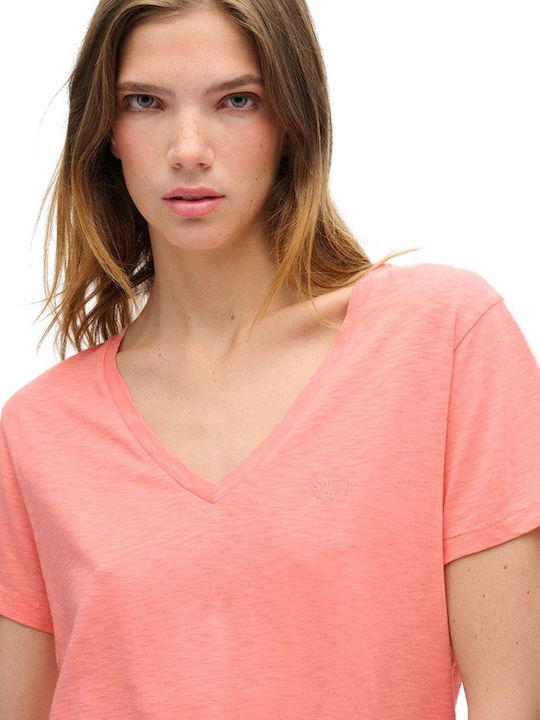 Superdry Slub Embroidered Women's Blouse with V Neckline Peach Amber Pink