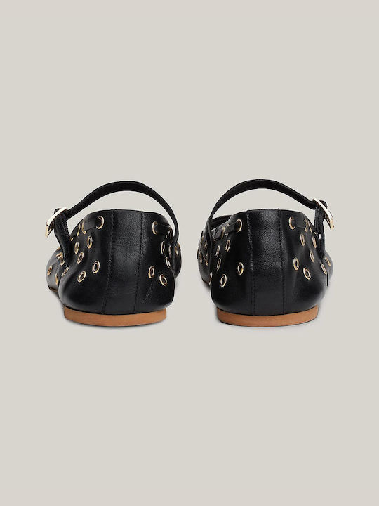Synthetic Leather Pointy Ballerinas With strap Black