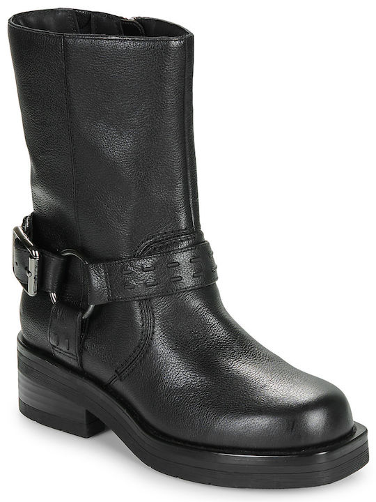 Leather Women's Biker Boots with Medium Heel Black