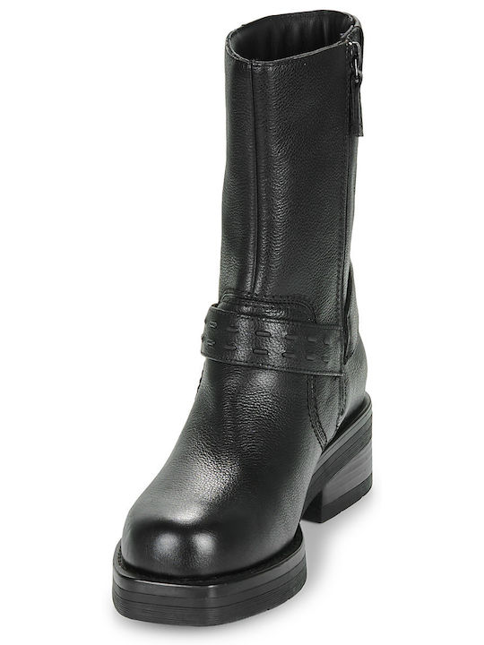 Leather Women's Biker Boots with Medium Heel Black