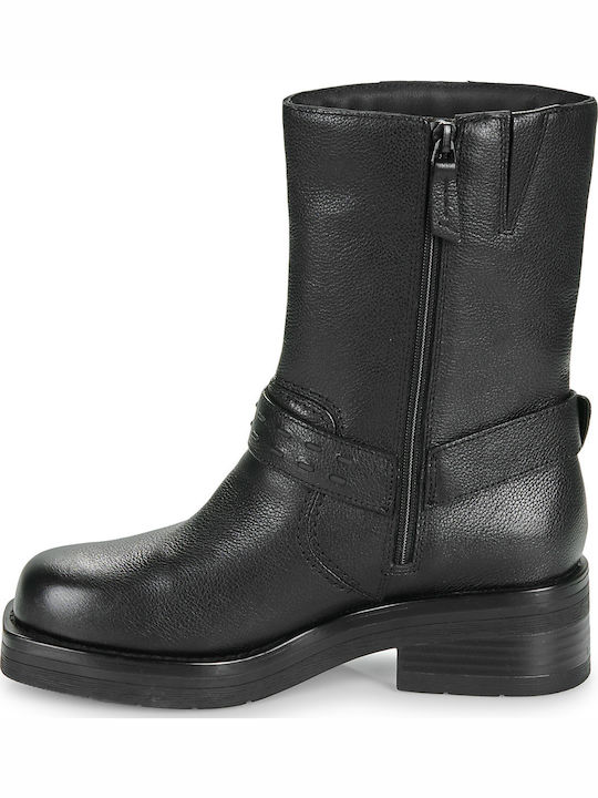 Leather Women's Biker Boots with Medium Heel Black