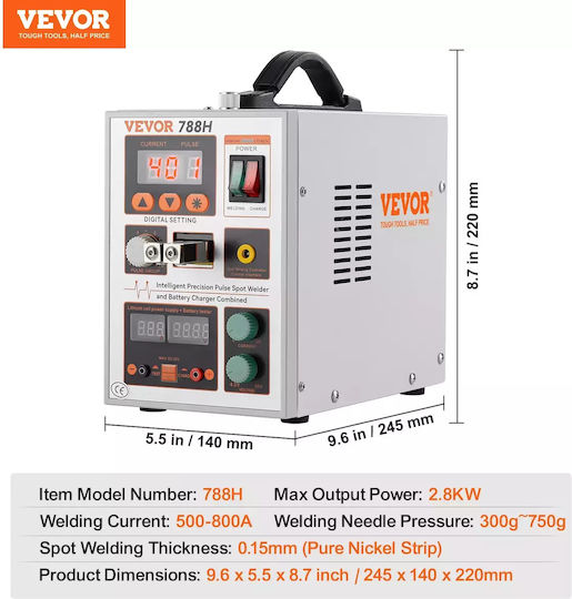 Vevor 737g Spot Welder 2.8kw Putere de Ieșire Curent de Sudură Reglabil 500-800a 0.15mm