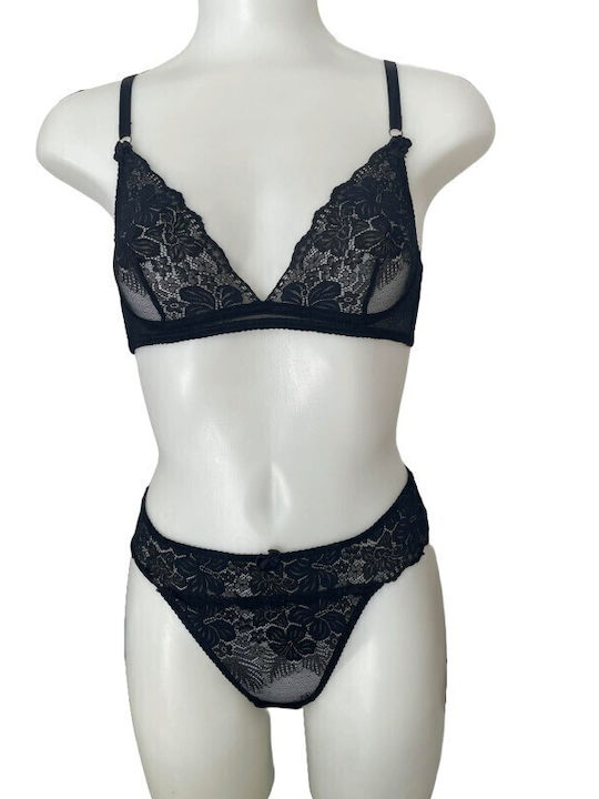 Modern Ocean Lace Underwear Set with Slip Black