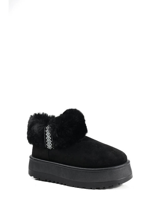 Black Fur Ankle Boots with Boho Elements