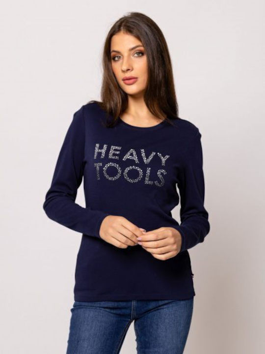 Heavy Tools Damen Bluse Baumwolle Langärmelig Navy