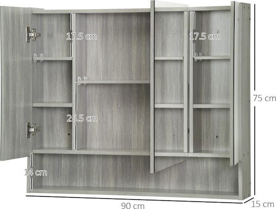 Kleankin Oglindă de Baie din MDF cu Raft & Dulap 90x15cm Gri