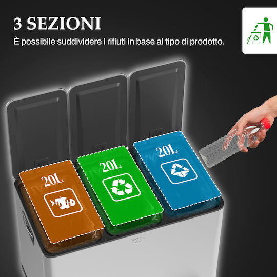 HomCom Coș De Gunoi Pentru Reciclare Din Oțel Inoxidabil Cu Pedală 20lt Argintiu