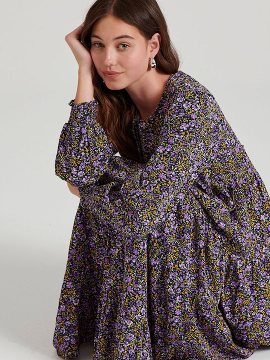 Midi Shirt Dress with Ruffles Royal Lilac Multi
