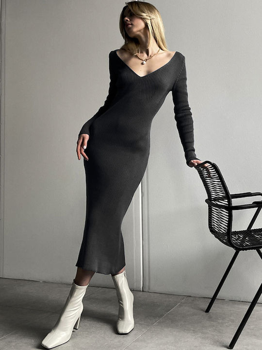 Πλεκτό Φόρεμα Maxi V Neck Μαύρο Μαύρο