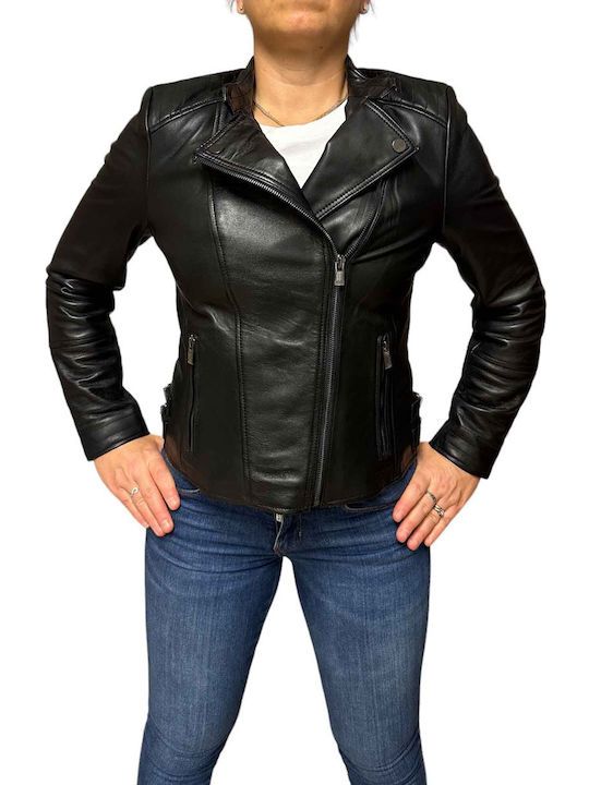 MARKOS LEATHER Women's Short Biker Leather Jacket for Winter BLACK