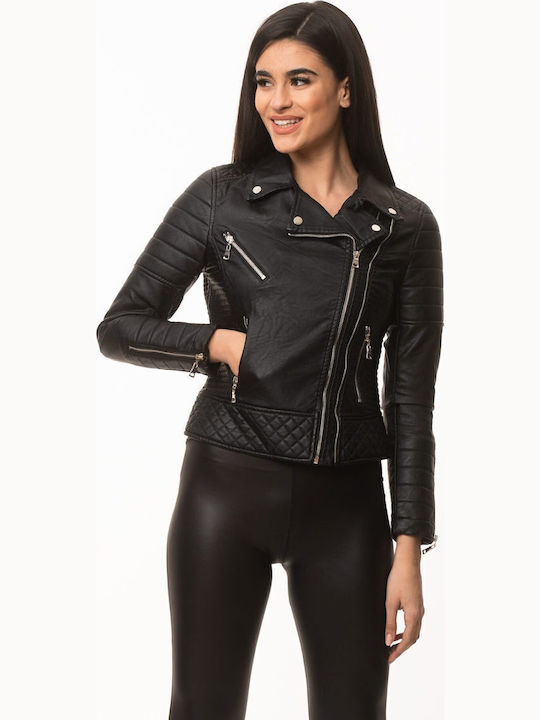 Women's Short Biker Artificial Leather Jacket for Winter Black