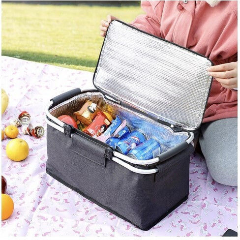 Geantă frigorifică Zola pentru picnic, depozitare alimente, mânere din plastic, aluminiu, negru, 48x28x22 cm