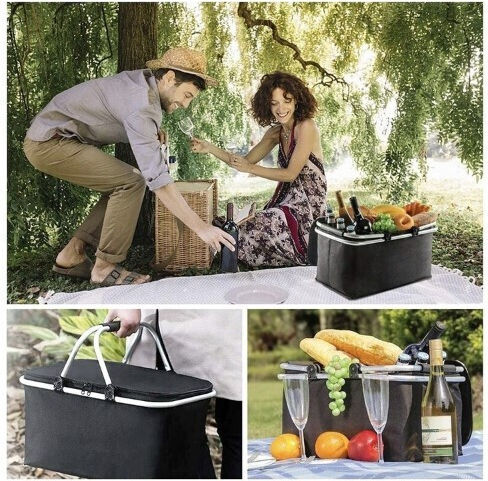 Geantă frigorifică Zola pentru picnic, depozitare alimente, mânere din plastic, aluminiu, negru, 48x28x22 cm