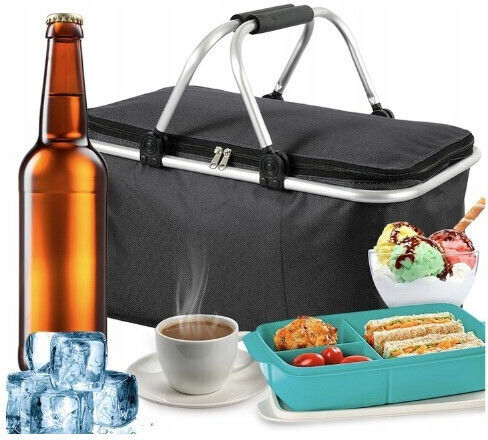 Geantă frigorifică Zola pentru picnic, depozitare alimente, mânere din plastic, aluminiu, negru, 48x28x22 cm