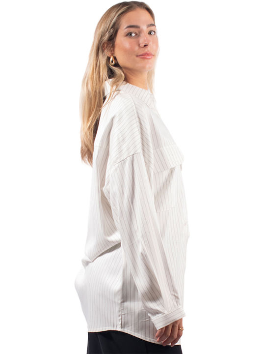 4tailors Women's Striped Long Sleeve Shirt White