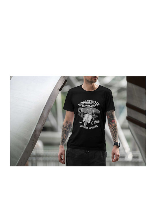 Skeleton Riding Scooter T-shirt Black Cotton