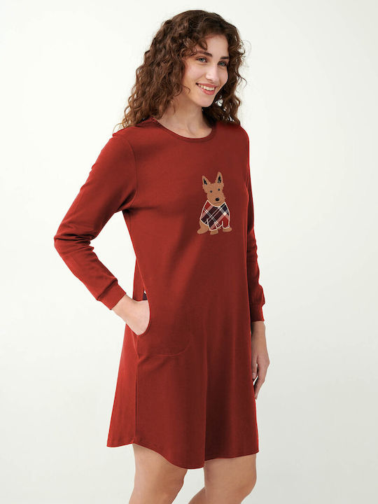 Vamp Winter Cotton Women's Nightdress Red Terracotta