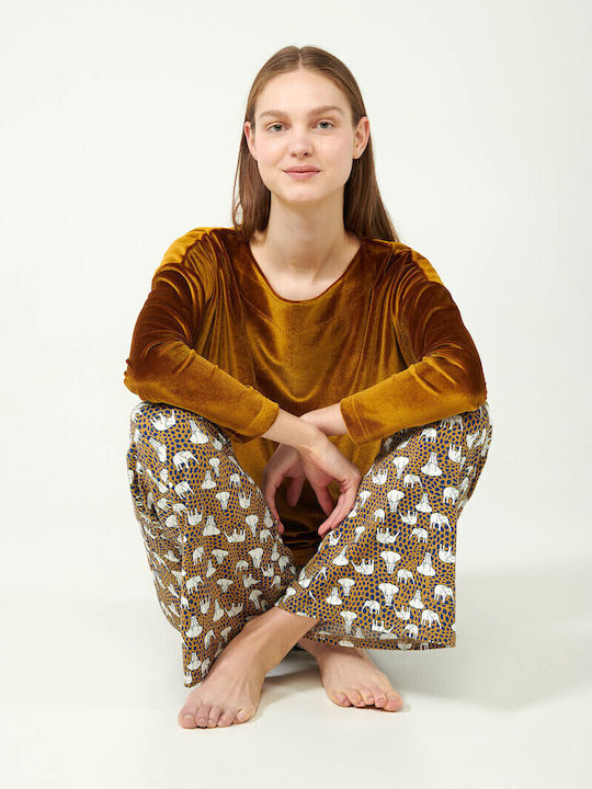 Vamp Winter Damen Pyjama-Set Samt Yellow Narcissus
