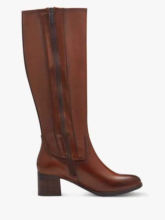 Leather Medium Heel Women's Boots with Zipper Tabac Brown