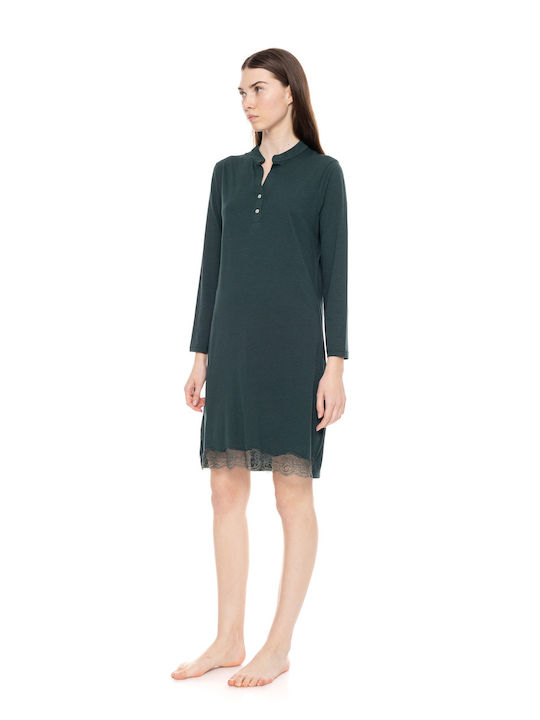 Pink Label Winter Cotton Women's Nightdress Dark Green