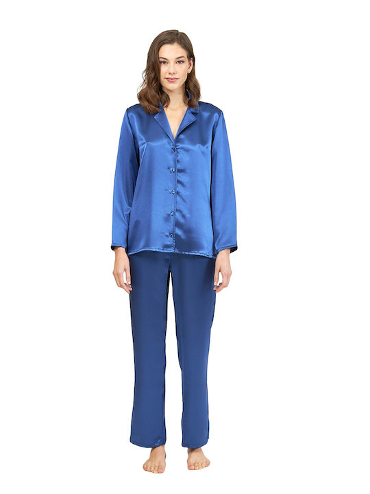 Harmony Winter Damen Pyjama-Set Satin Mπλε