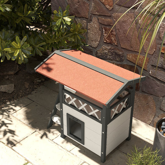 Pawhut Outdoor Cat House Veranda Wooden Ladder 77x50x73cm White Grey