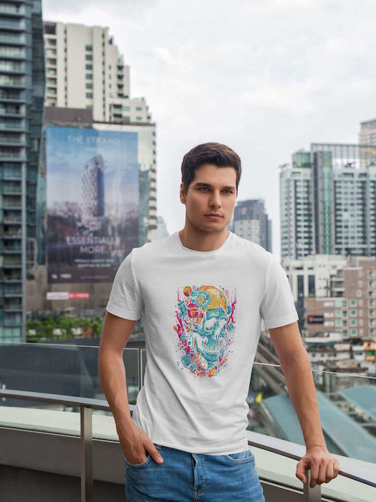 Mechanical Skull Art Tricou Alb Bumbac