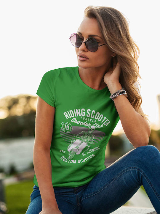 Skeleton Riding Scooter T-shirt Green Cotton