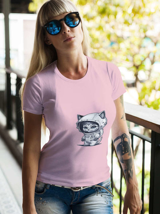 Astronaut Kitten T-shirt Pink Cotton