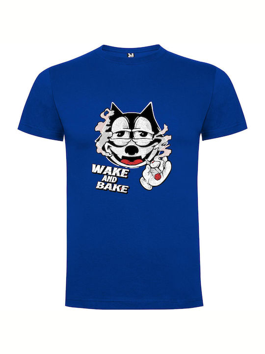 Feline Chic: Wake Up T-shirt Blue Cotton