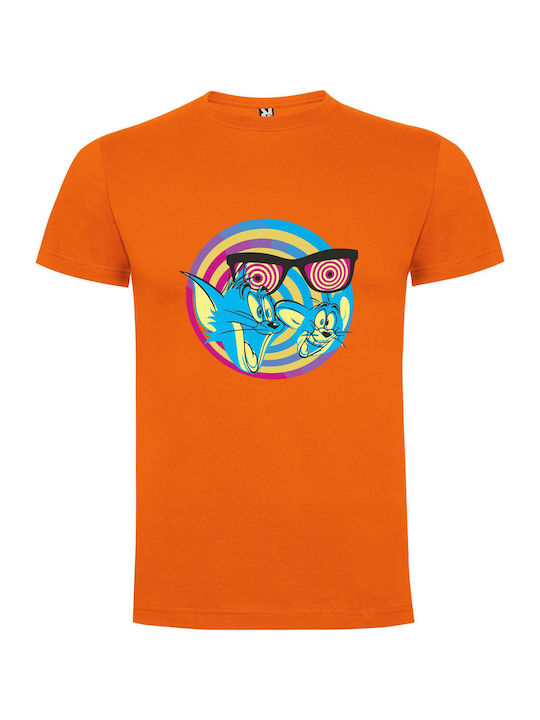 Whimsical Sunglass Felines T-shirt Orange Cotton