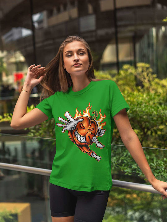 Flaming Pumpkin Warrior T-shirt Green Cotton