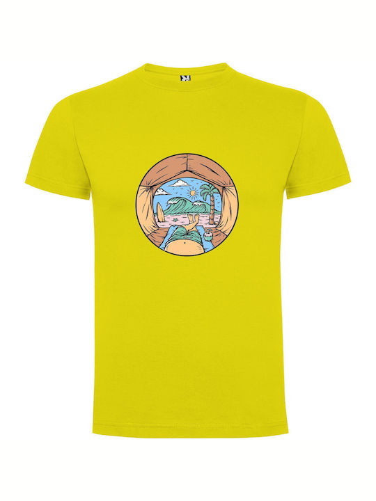 Seaside Serenity: Curled Perspective T-shirt Yellow Cotton