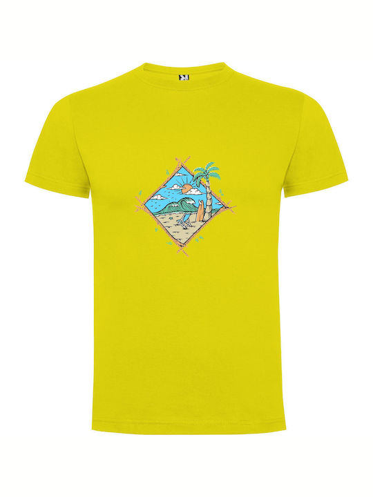 Beachside Perfection: A Detailed Illustration T-shirt Yellow Cotton