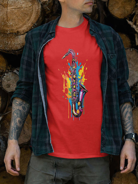 Colorful Saxophone Art T-shirt Red Cotton