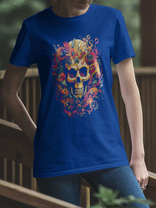 Colorful Skull Art T-shirt Blue Cotton