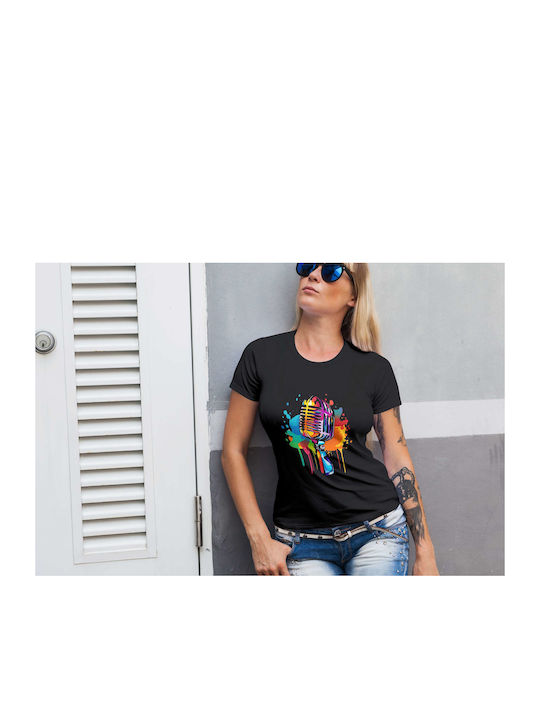 Colorful Microphone Artwork T-shirt Black Cotton