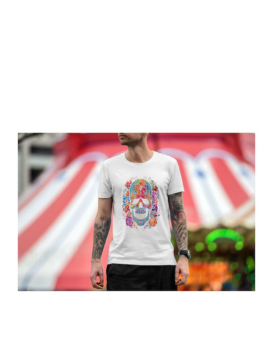 Colorful Skull With Flowers T-shirt White Cotton