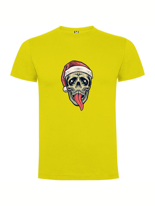 Fearsome Inked Holiday Skull T-shirt Yellow Cotton